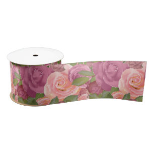 Blush Pink Mauve Watercolor Rose Floral Pattern Satin Ribbon