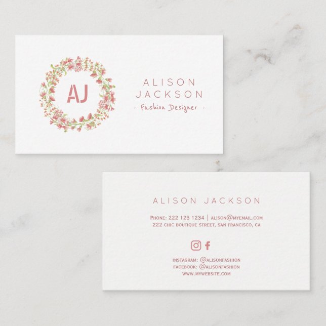 Blush pink meadow floral wreath fashion designer business card (Front/Back)