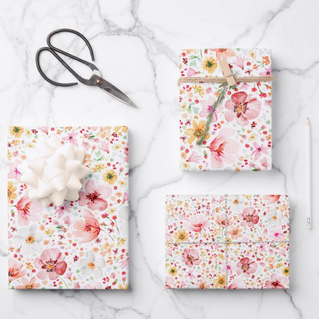 Blush Pink Meadow Wildflowers Boho Elegant Wrapping Paper Sheets (Front)