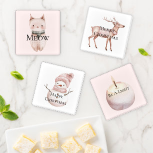 Blush Pink Meow Christmas Cat Deer Snowman Coaster Set
