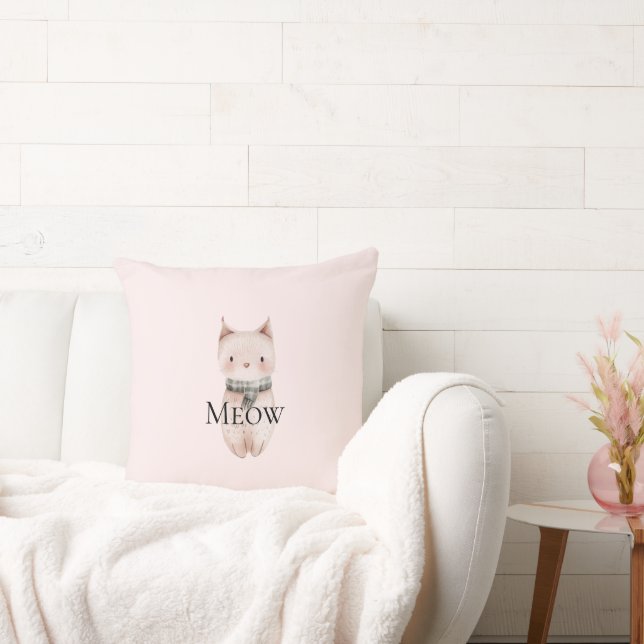 Blush Pink Meow Christmas Cat Gift Throw Pillow (Couch)