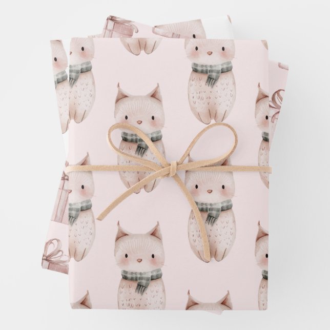 Blush Pink Meow Christmas Cat Gift Wrapping Paper Sheets (In situ)