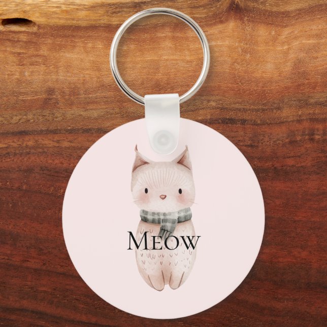 Blush Pink Meow Christmas Cat Keychain (Front)