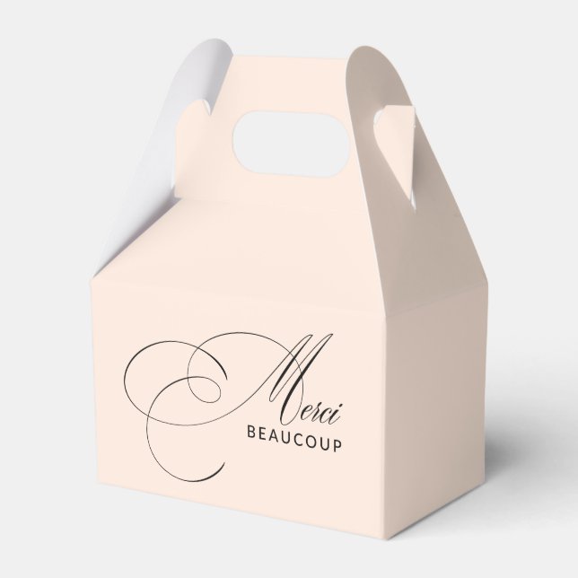 Blush Pink Merci Beaucoup Elegant Calligraphy Favor Boxes (Front Side)
