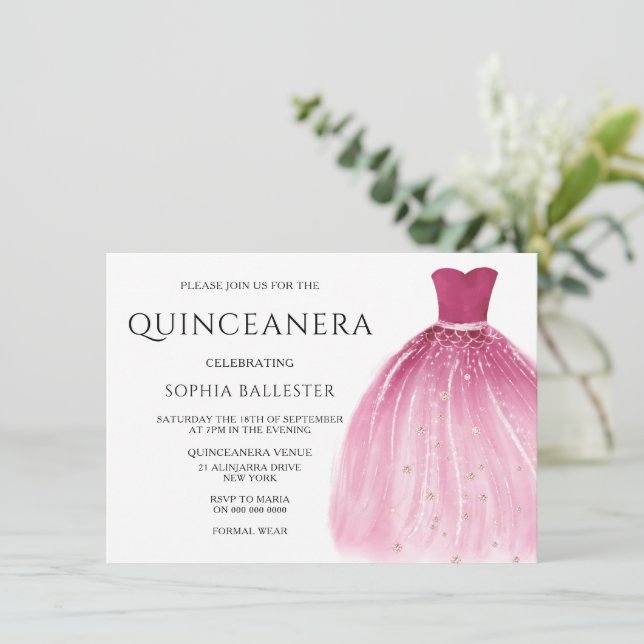 Blush Pink Mermaid Gown Dress Quinceanera Invitation (Standing Front)