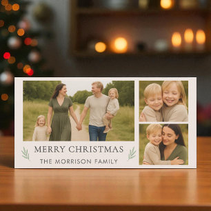 Blush Pink Merry Christmas 3 Photo Botanical  Holiday Card