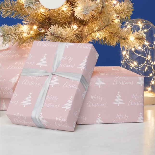 Blush Pink Merry Christmas White Christmas Tree Wrapping Paper (Holidays)
