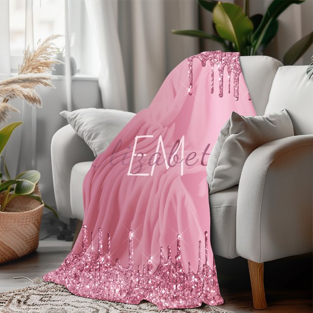 Blush Pink Metal Dripping Glitter Monogram Name  Fleece Blanket (Blush Pink Metal Dripping Glitter Monogram Name Fleece Blanket)