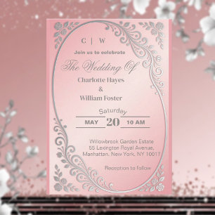 Blush Pink Metallic Glitter Silver Florals Wedding Invitation
