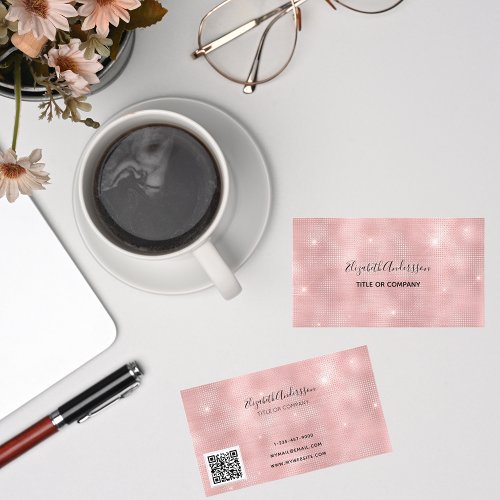 Blush pink metallic qr code business card