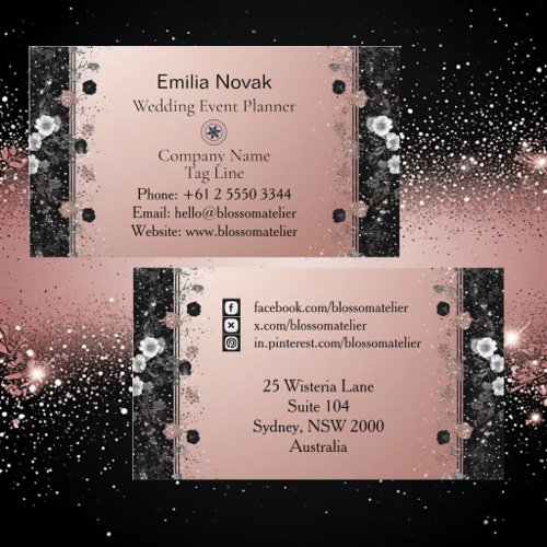 Blush Pink Metallic Silver Glitter Floral Modern  Business Card