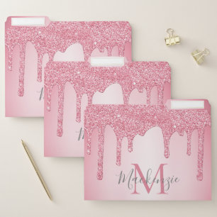 Blush Pink Metallic Sparkle Glitter Drips Monogram File Folder