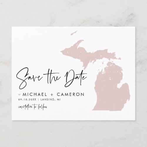 Blush Pink Michigan Map Modern Save the Date Announcement Postcard