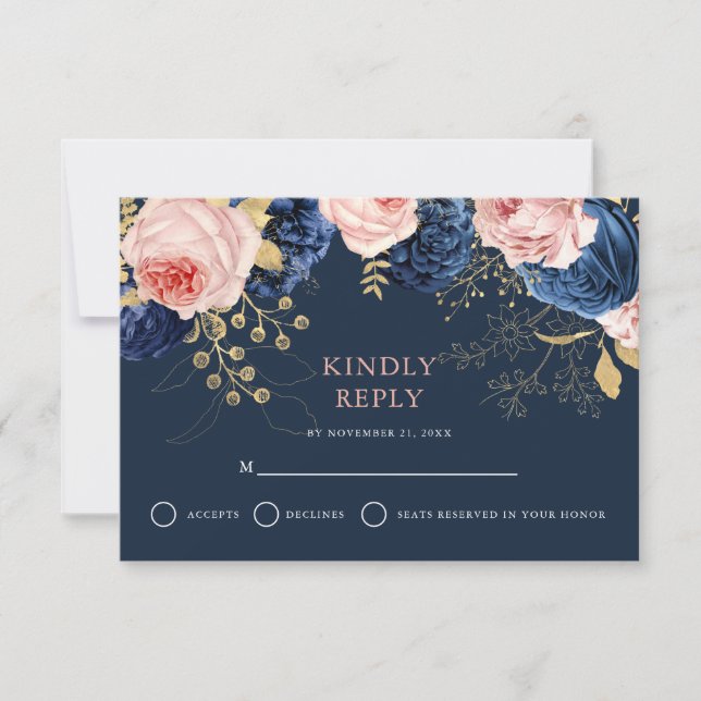 Blush Pink & Midnight Navy Florals Elegant Wedding RSVP Card (Front)