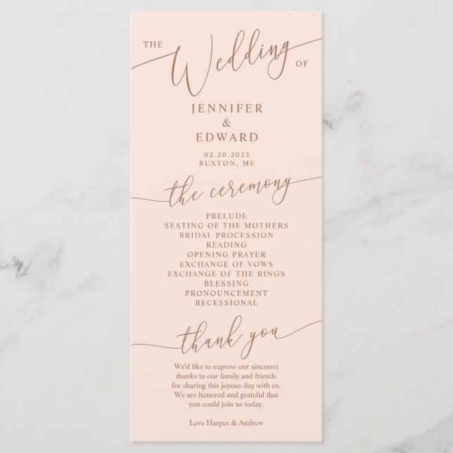 Blush Pink Minimal Wedding Ceremony Program (Front)