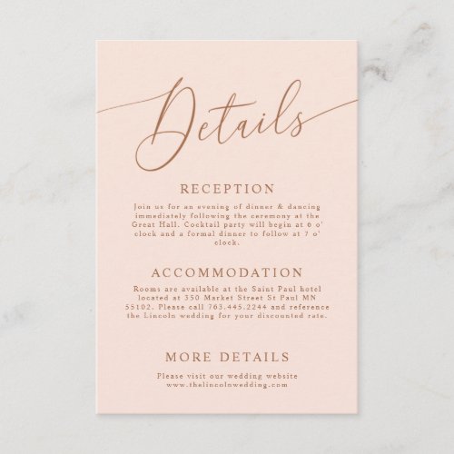 Blush Pink Minimal Wedding Details  Enclosure Card