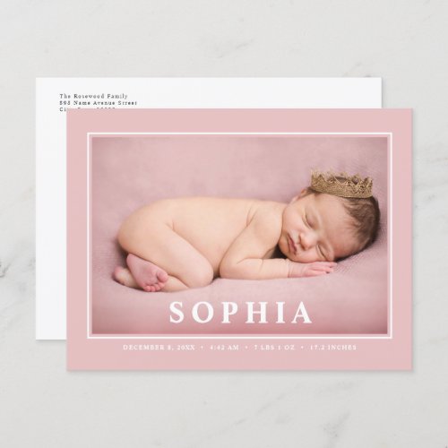 Blush Pink Minimalist Baby Girl Birth Announcement Postcard