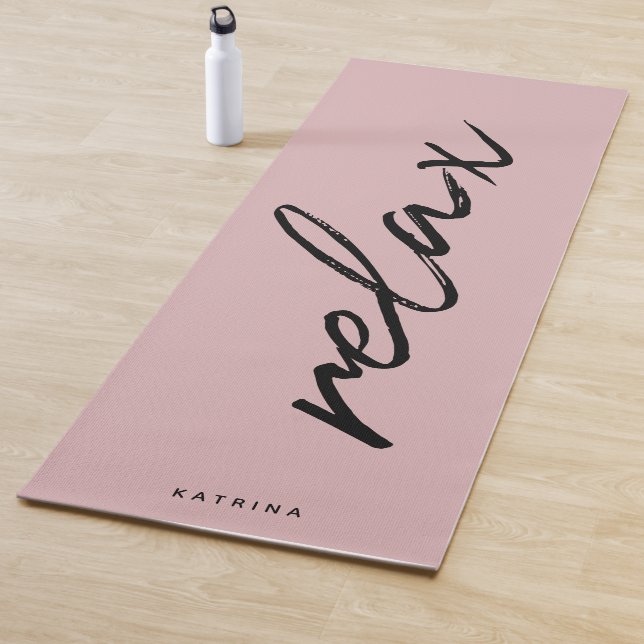 Blush Pink Minimalist Chic Script "Relax"  Yoga Mat (In Situ)