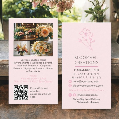 Blush pink minimalist florist photos qr code business card