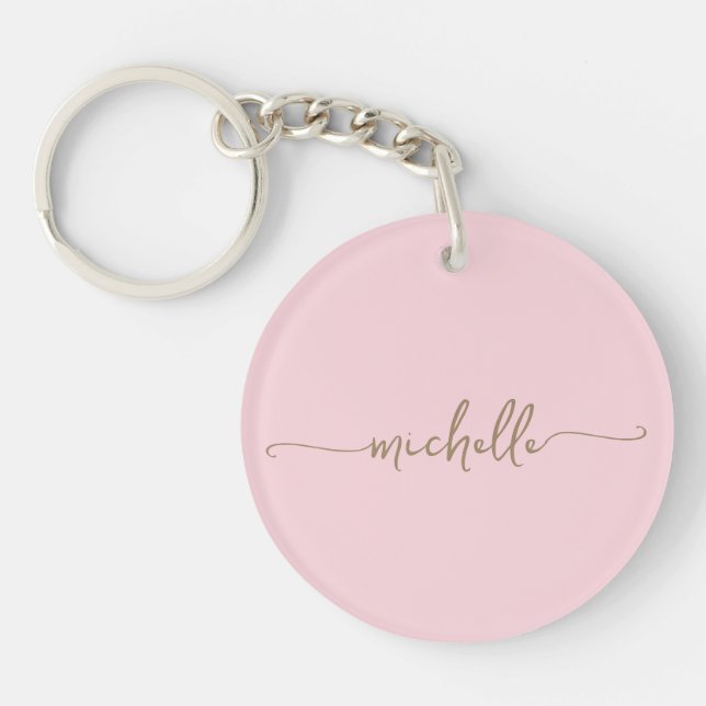 Blush Pink Minimalist Gold Monogram Name Script Keychain (Front)