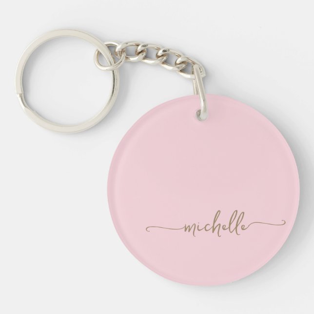 Blush Pink Minimalist Gold Monogram Name Script Keychain (Front)
