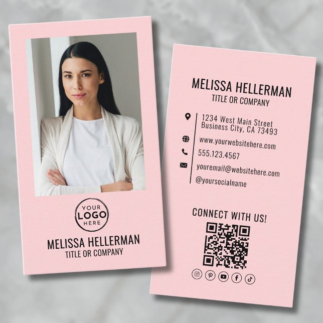 Blush Pink Minimalist Photo QR Code Logo Vertical Business Card (Blush Pink Minimalist Photo QR Code Logo Vertical Business Card)