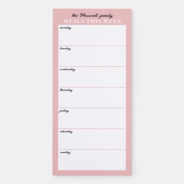 Blush Pink Minimalist Simple Family Meal Planning Magnetic Notepad (Front)