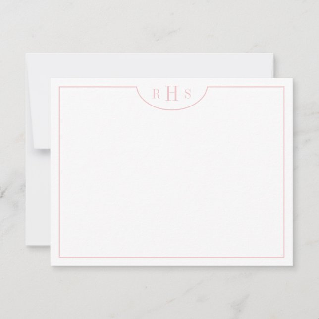 Blush Pink Minimalist Three Monogram One Border Note Card (Front)