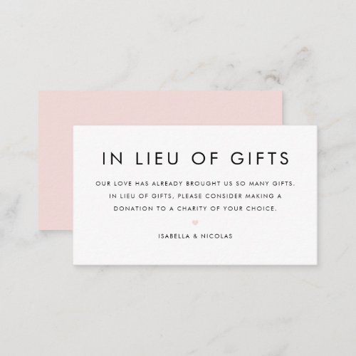 Blush Pink Minimalist Typography In Lieu Of Gifts Enclosure Card