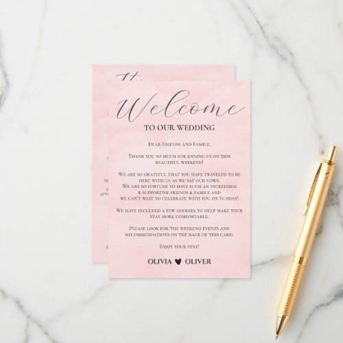Blush pink minimalist wedding weekend itinerary enclosure card