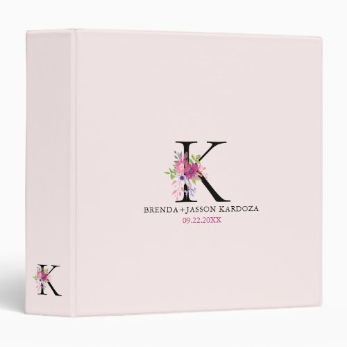 Blush Pink Minimalistic Custom Floral Monogram  3 Ring Binder