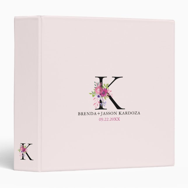 Blush Pink Minimalistic Custom Floral Monogram  3 Ring Binder (Front/Spine)