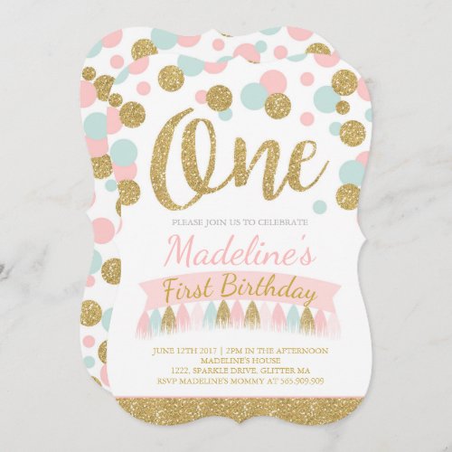 Blush Pink Mint And Gold 1st Birthday Invitation