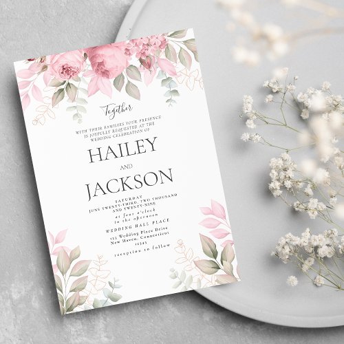 Blush pink mint and white magnolia floral wedding invitation