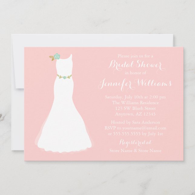 Blush Pink Mint Floral Wedding Gown Bridal Shower Invitation (Front)