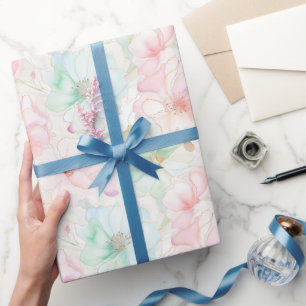 Blush Pink Mint Flowers Birthday Wrapping Paper