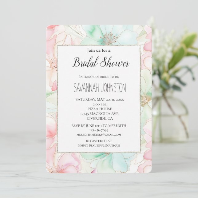 Blush Pink Mint Flowers Bridal Shower Invitation (Standing Front)