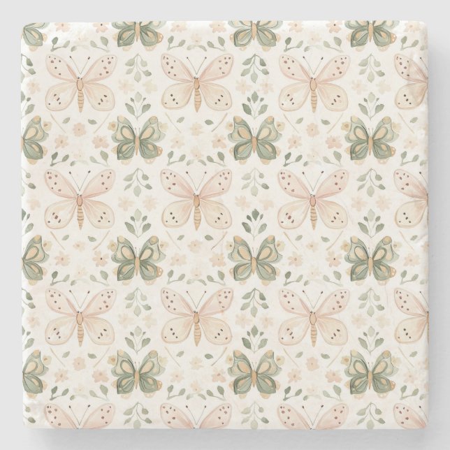 Blush Pink Mint Green Butterflies  Stone Coaster (Front)