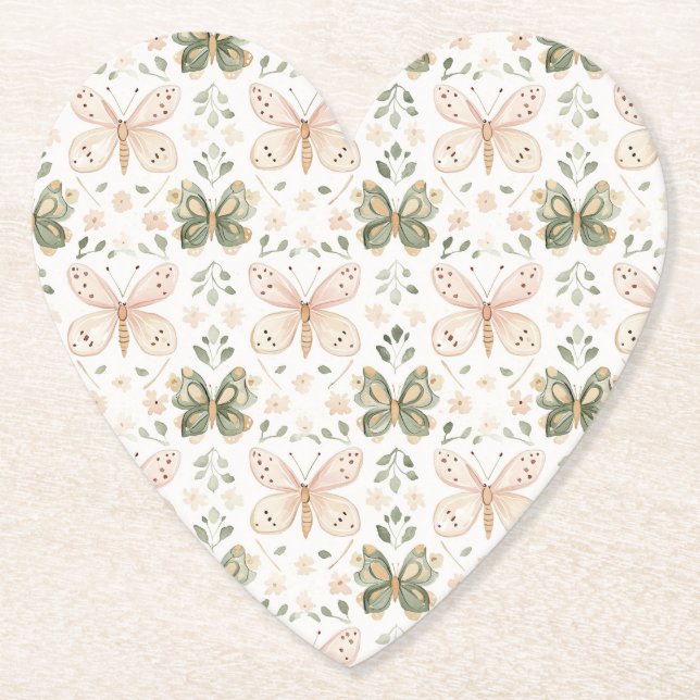 Blush Pink Mint Green Butterflies Wedding Paper Coaster (Front)