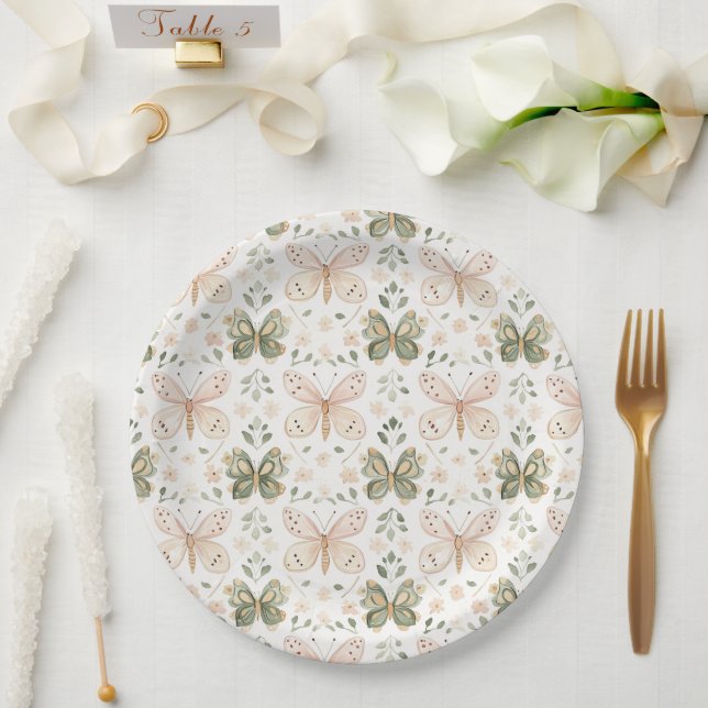 Blush Pink Mint Green Butterflies Wedding Paper Plates (Wedding)