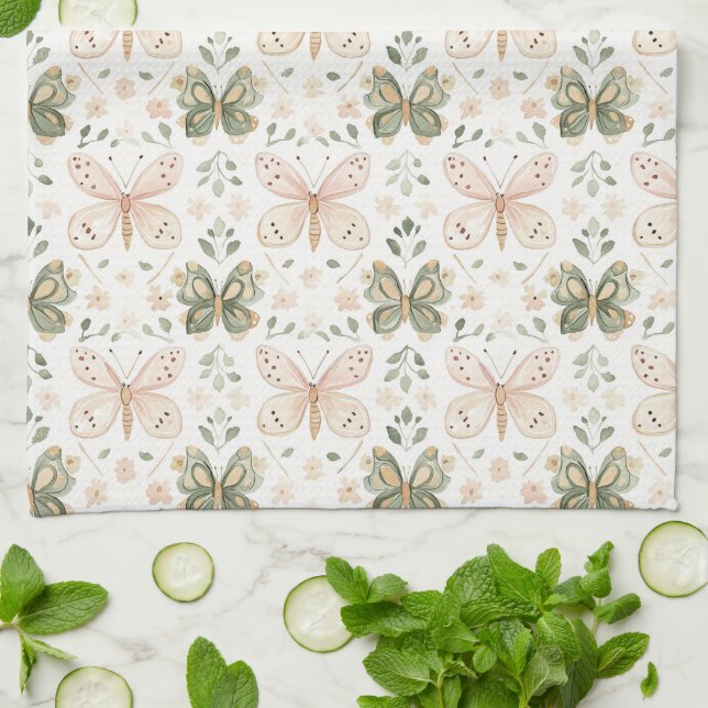 Blush Pink Mint Green Butterfly Kitchen Towel (Folded)