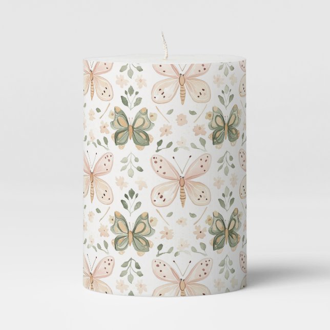 Blush Pink Mint Green Butterfly Pillar Candle (Front)