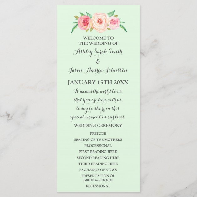 Blush Pink Mint Green Floral Wedding Program