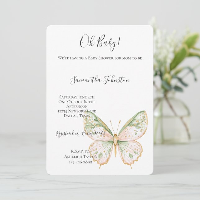 Blush Pink Mint Green Gold Butterfly Baby Shower  Invitation (Standing Front)