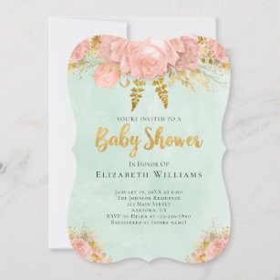 Blush Pink Mint Green Gold Flower Girl Baby Shower Invitation