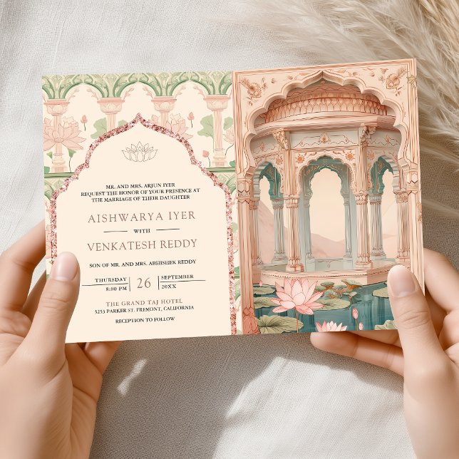 Blush Pink Mint Green Lotus Garden Indian Wedding Invitation (Creator Uploaded)