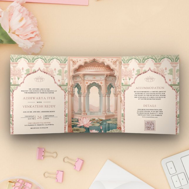 Blush Pink Mint Green Lotus Garden Indian Wedding Tri-Fold Invitation (Creator Uploaded)