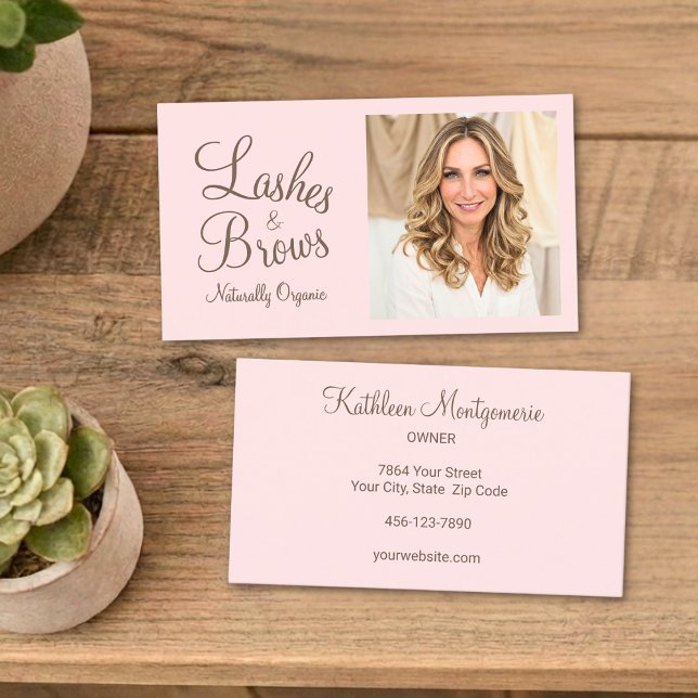 Blush Pink Mocha Script Photo Lashes and Brows Business Card (Creator Uploaded)