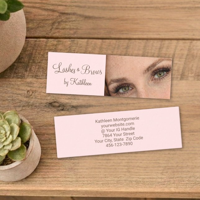 Blush Pink Mocha Script Photo Lashes and Brows Mini Business Card (Creator Uploaded)