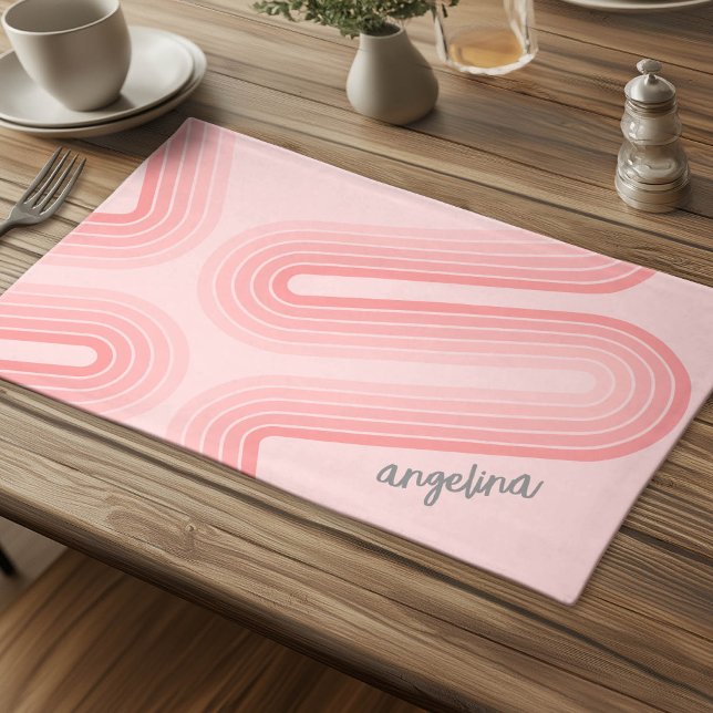 Blush Pink Mod Retro Striped Pattern Custom Name Cloth Placemat (Personalized Cloth Placemat)